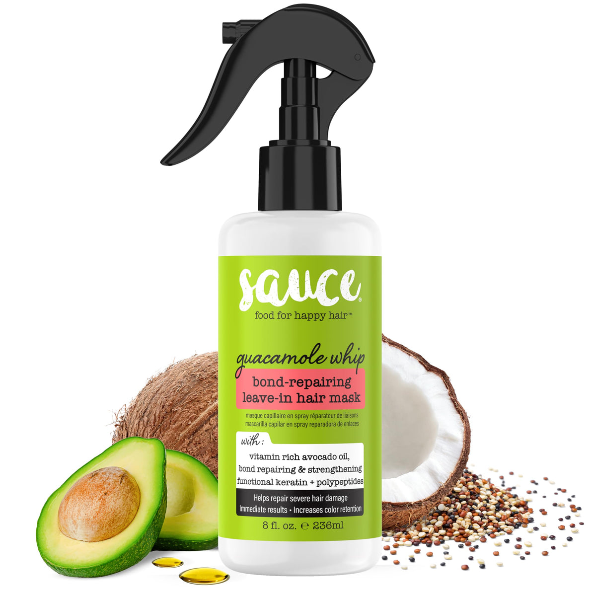 SAUCE BEAUTY Bond-Repairing Leave-In Mask bottle highlights guacamole whip formula for deep hydration.