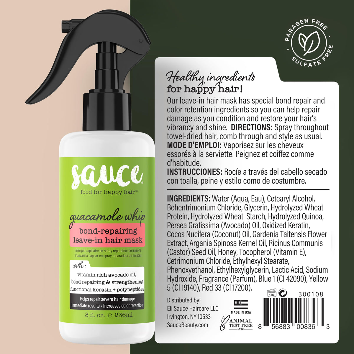 SAUCE BEAUTY salon-quality claim closeup reinforces premium care.