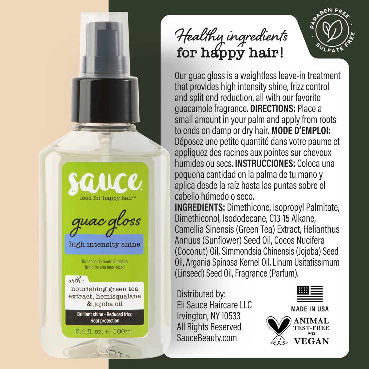 Sandalwood vanilla scent of Guac Hair Gloss enhances styling