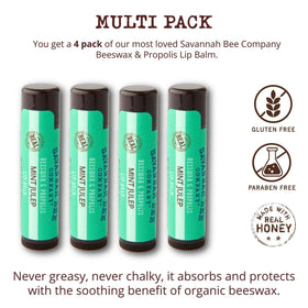 Savannah Bee mint julep lip balm tube close-up showing silky finish