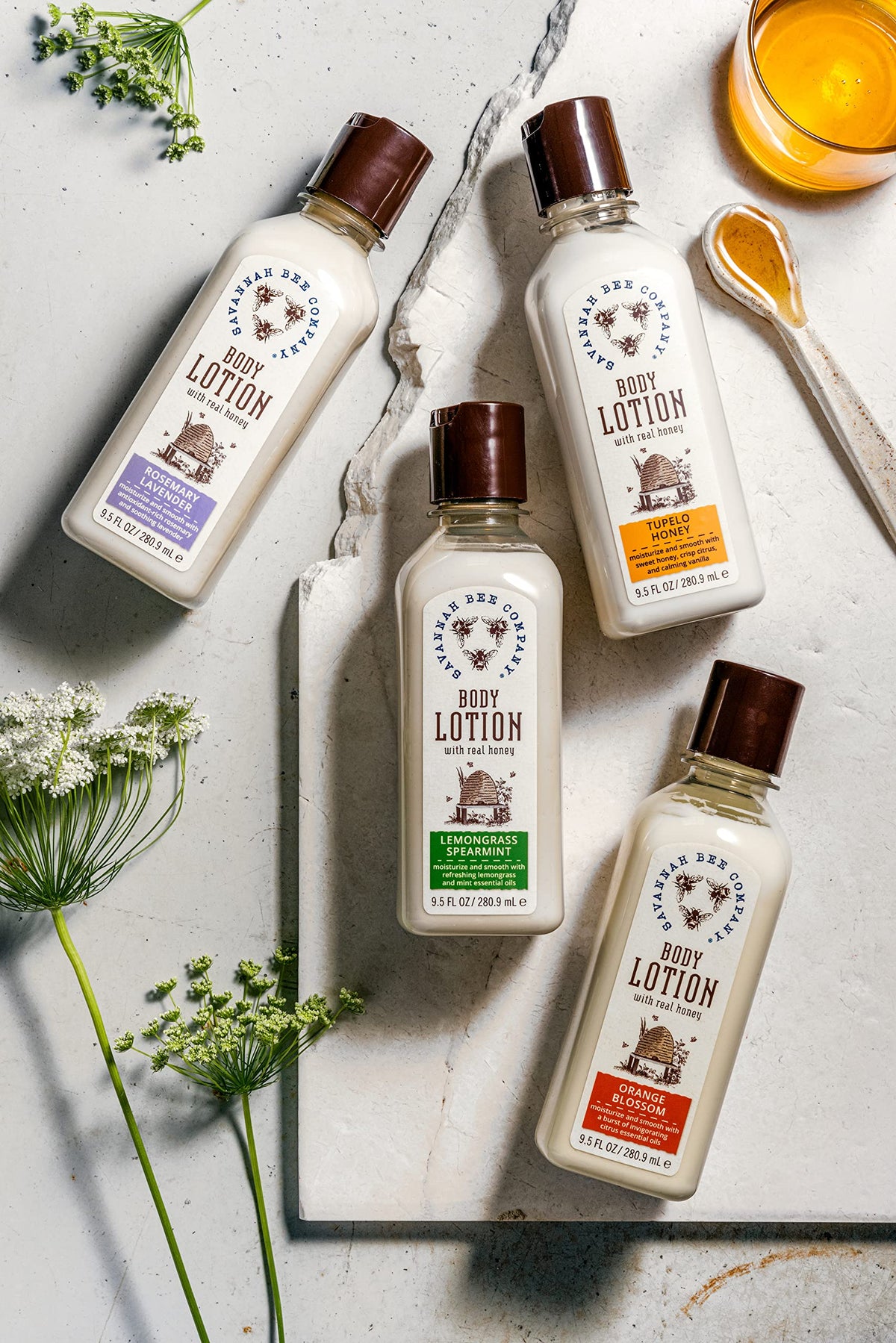 Savannah Bee Honey Body Lotion ingredient list highlighting natural oils and honey.