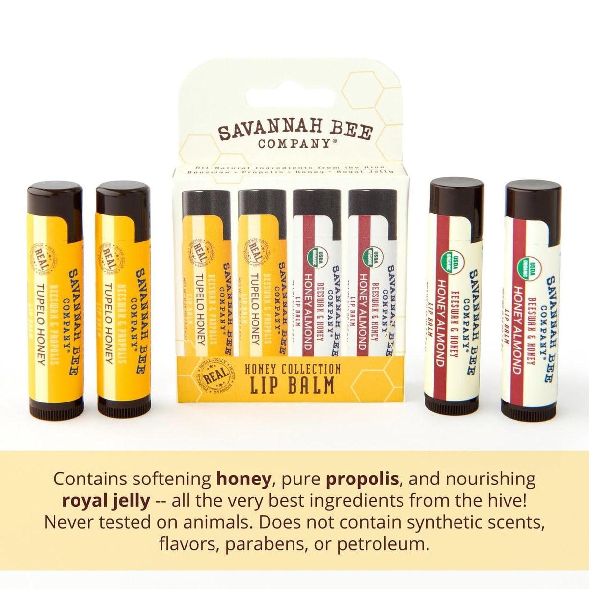 Savannah Bee Lip Balm Honey Almond tube emphasizes nourishing flavor and everyday use.
