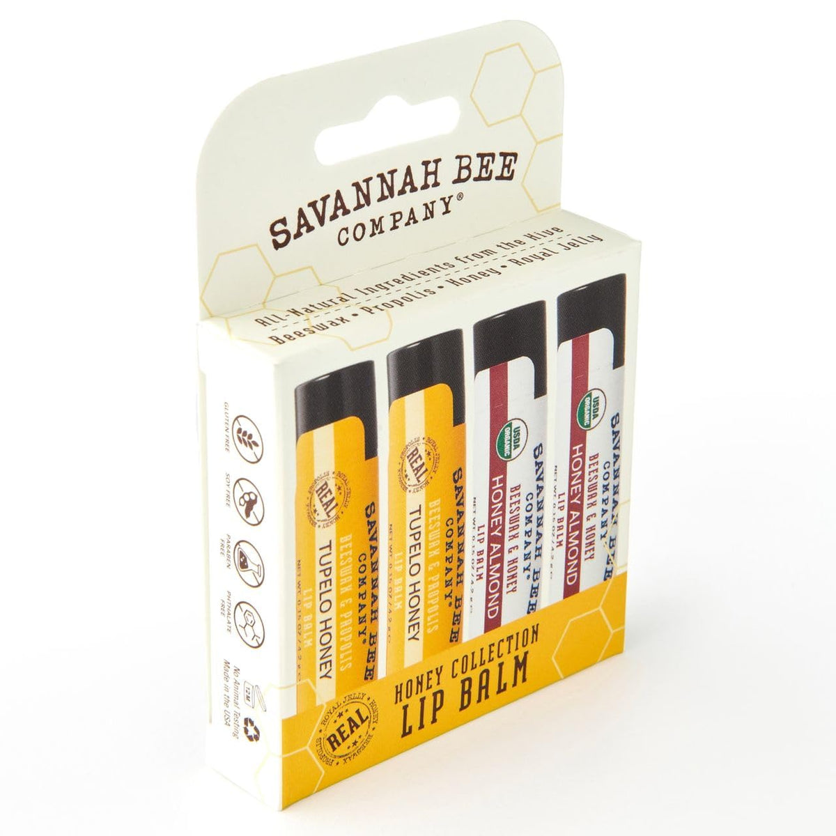 Savannah Bee Lip Balm closeup shows hydrated lips with a subtle shine.