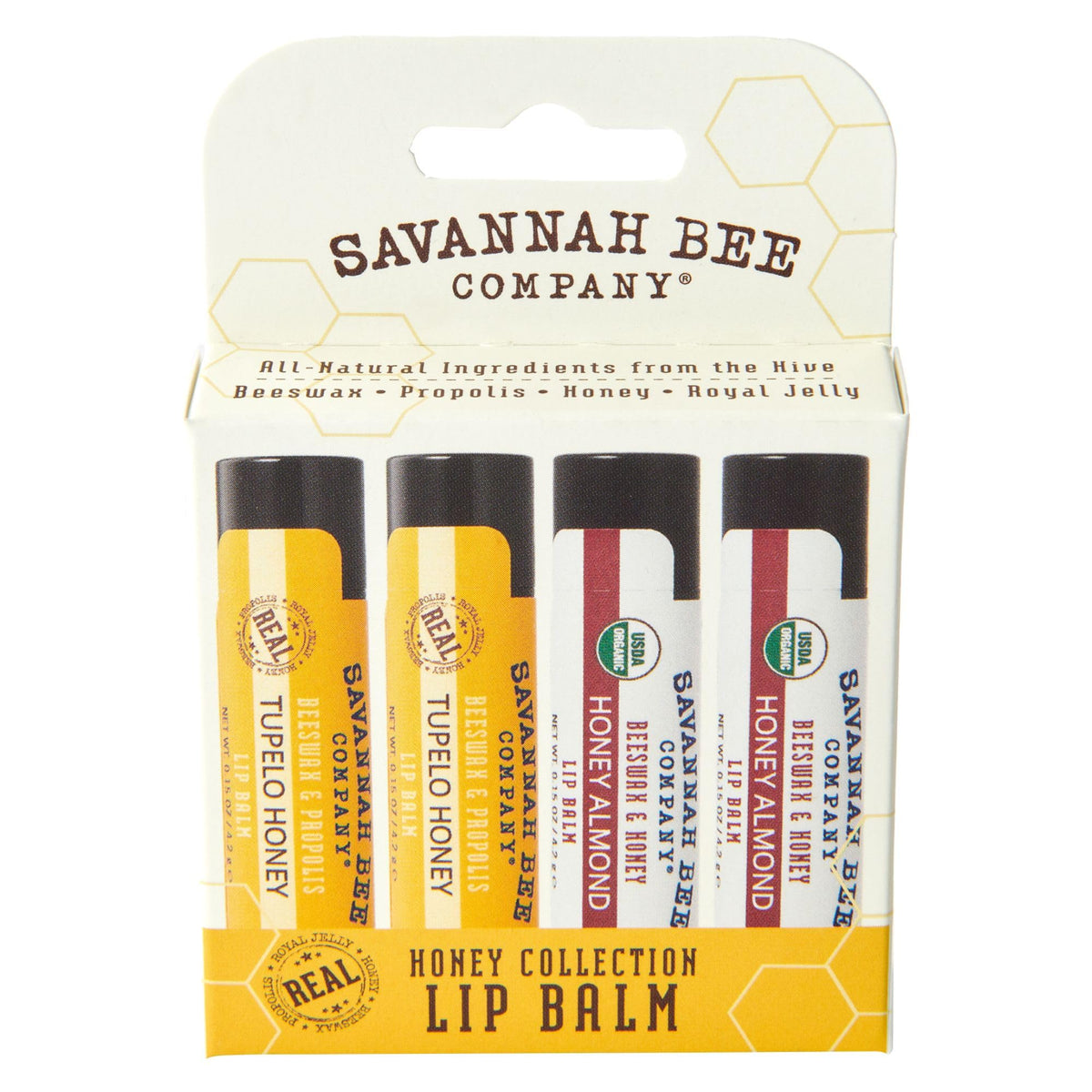 Savannah Bee Lip Balm Tupelo Honey packaging shows premium moisture for dry lips.