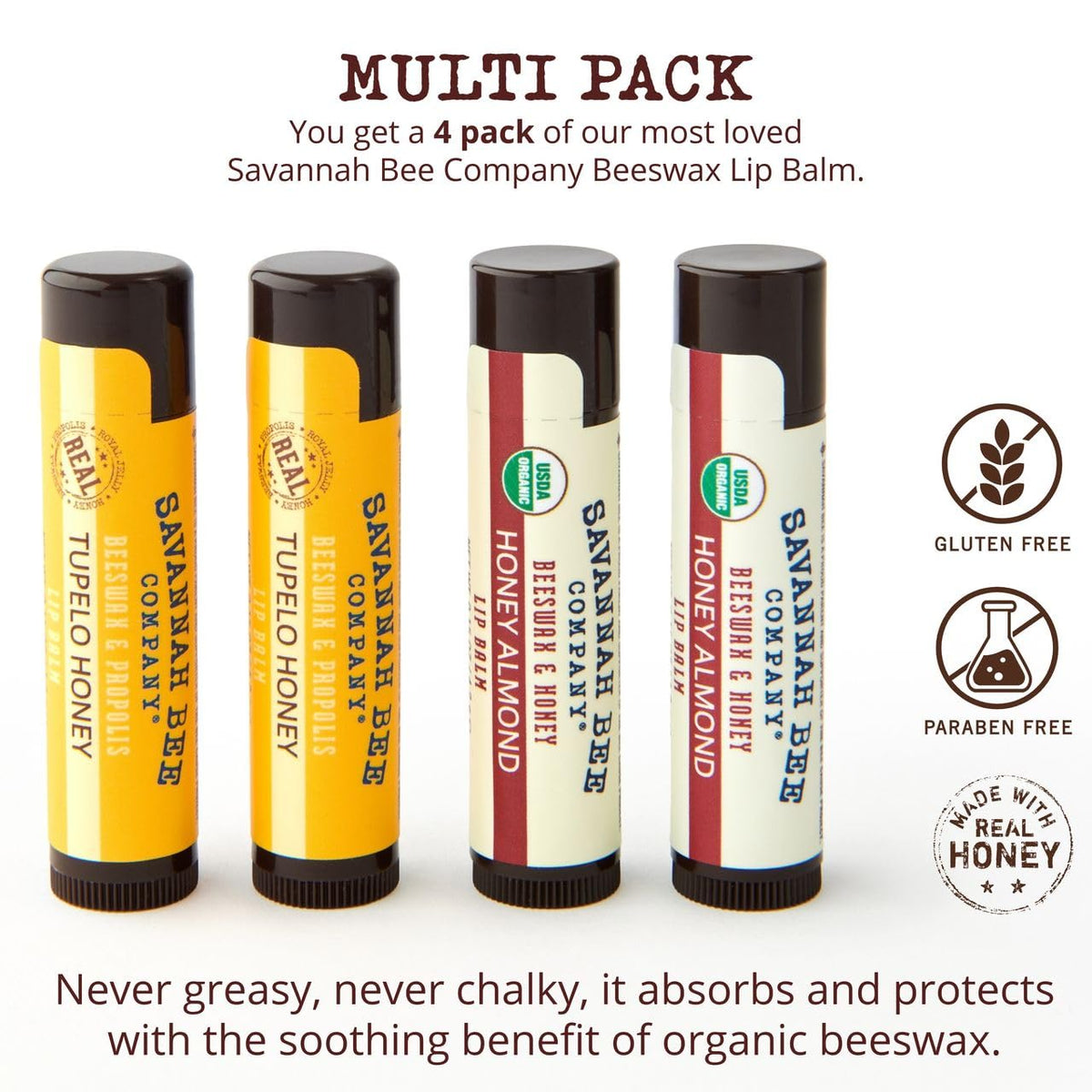 Savannah Bee Lip Balm Tupelo Honey twist reveals rich, smooth formula for all-day comfort.