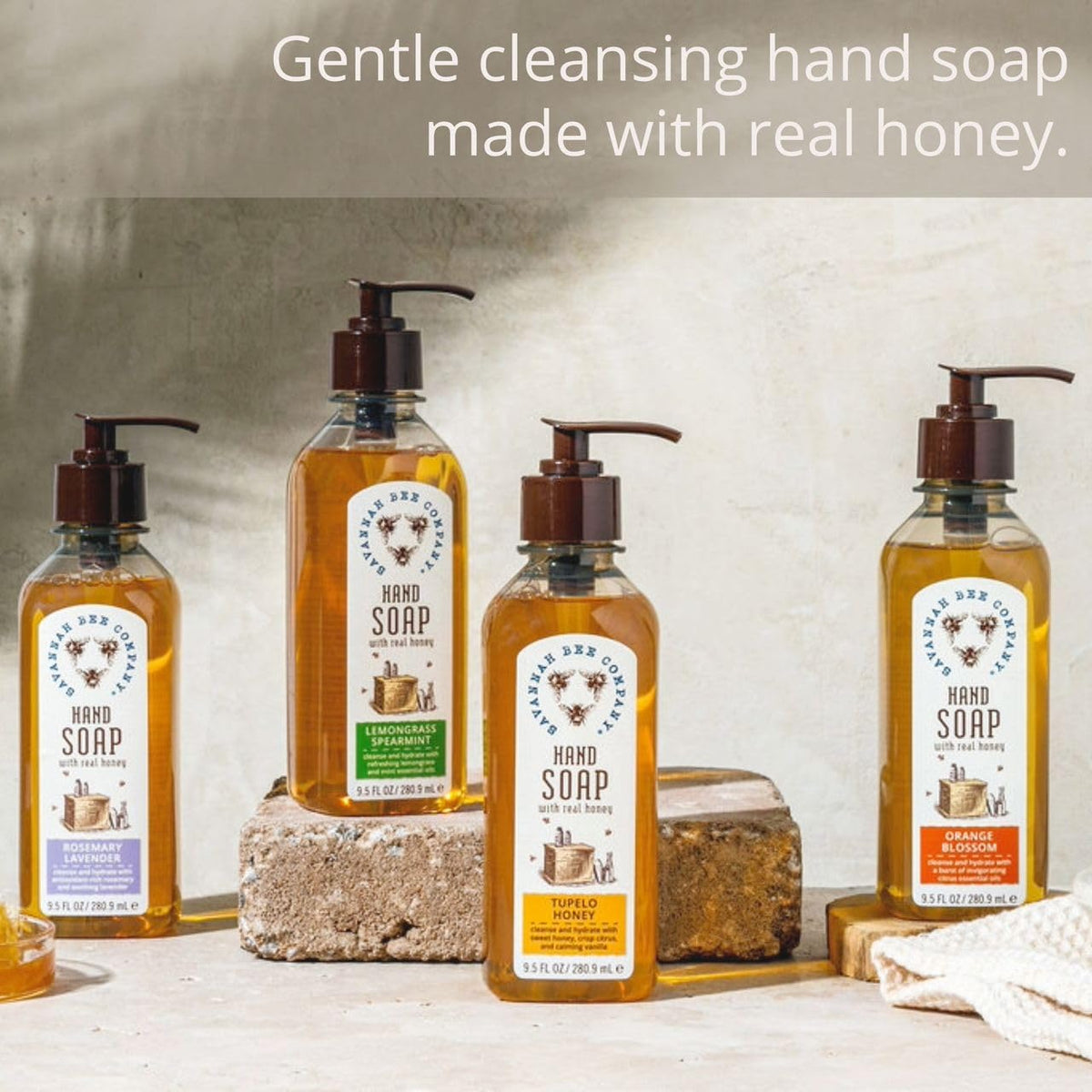 Savannah Bee soap highlights aloe vera and Tupelo honey ingredients for skin comfort.