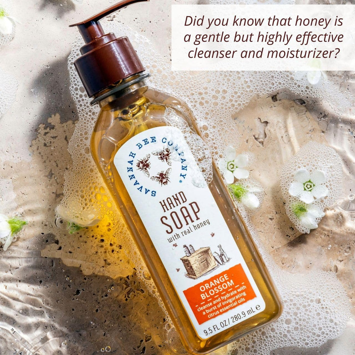 Savannah Bee hand soap bottle showing lemongrass and spearmint fragrance.