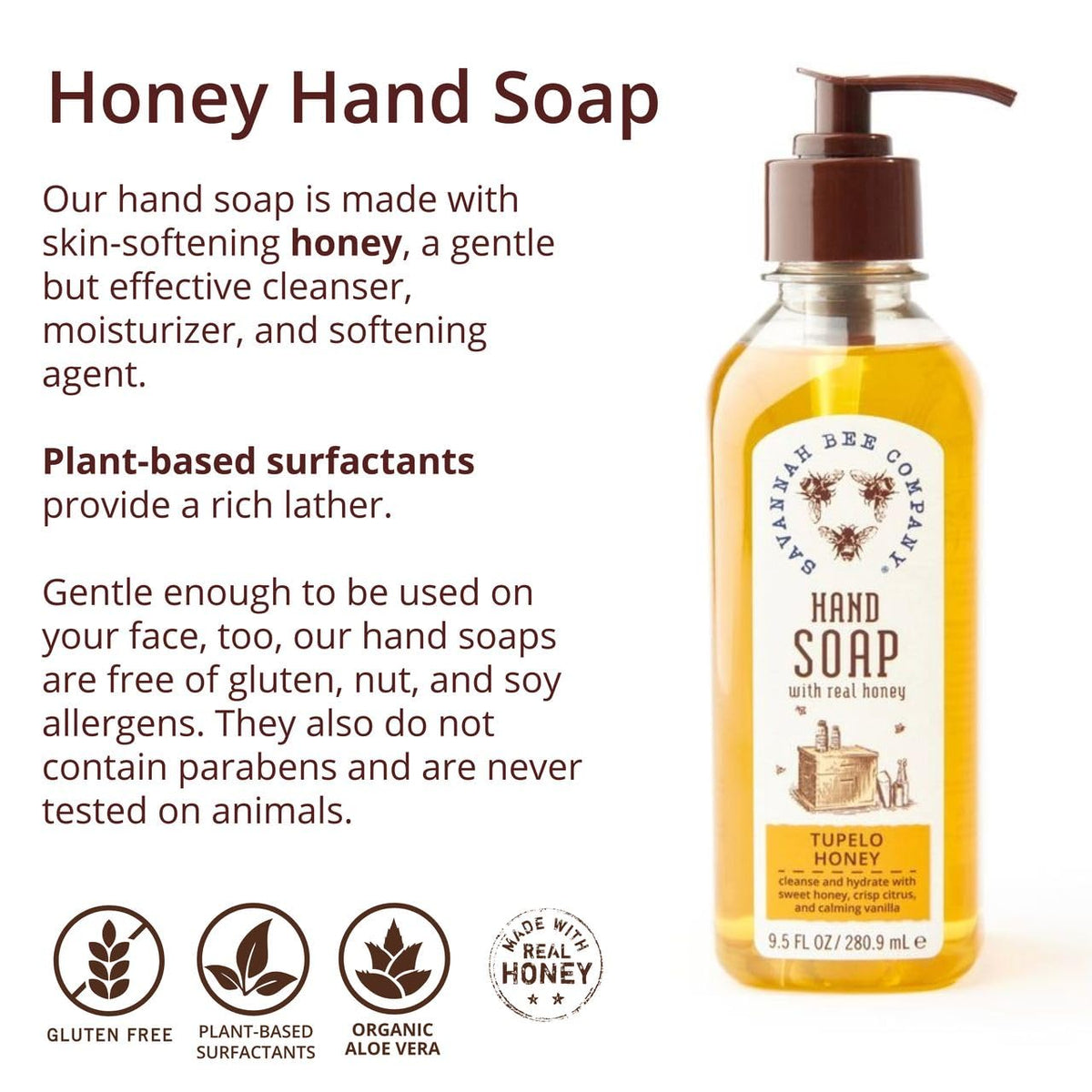 Savannah Bee Company liquid soap close-up shows lemongrass and spearmint fragrance with vanilla citrus notes.