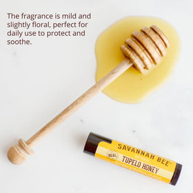 Savannah Bee Tupelo lip balm back label with four-pack packaging.