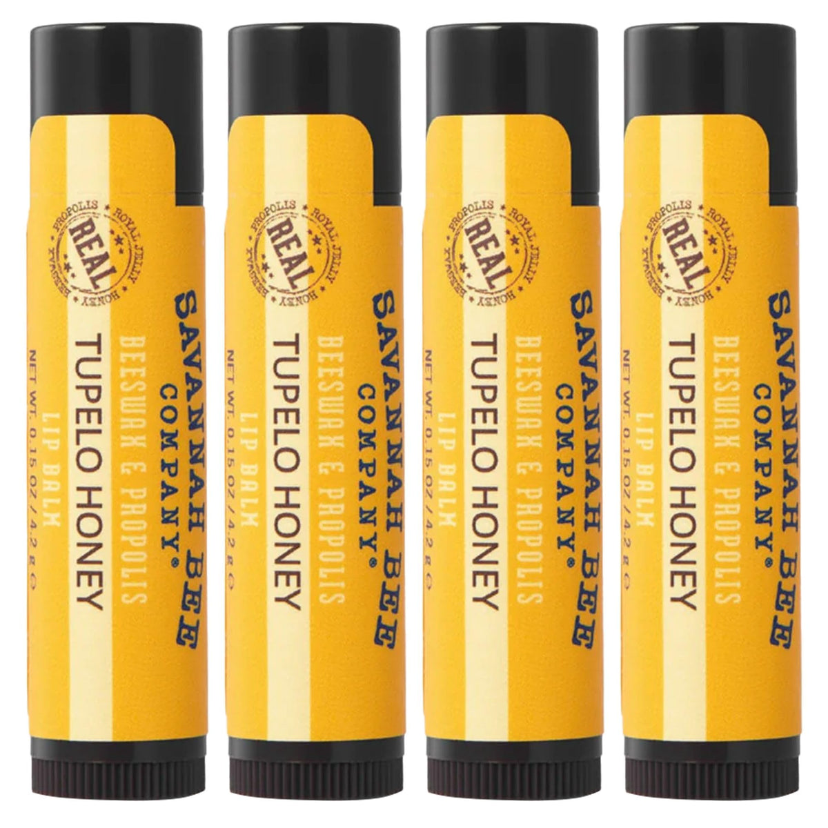 Savannah Bee Tupelo lip balm front view; four-pack for on-the-go hydration.