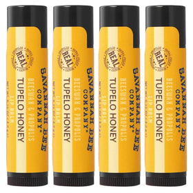 Savannah Bee Tupelo lip balm front view; four-pack for on-the-go hydration.