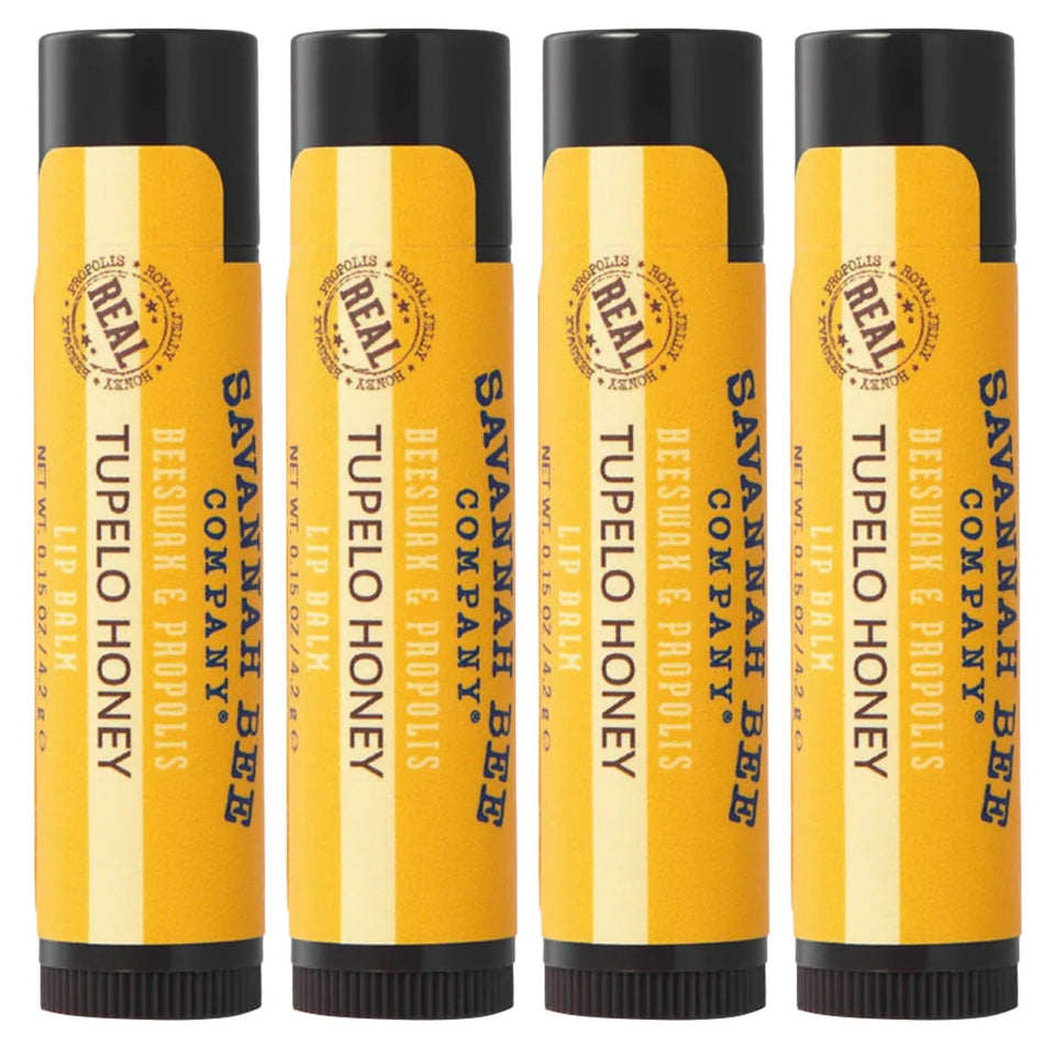 Savannah Bee Tupelo lip balm front view; four-pack for on-the-go hydration.