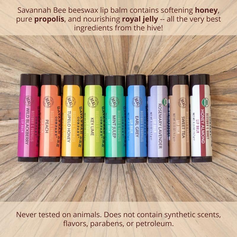 Savannah Bee Tupelo lip balm texture and natural ingredient list.