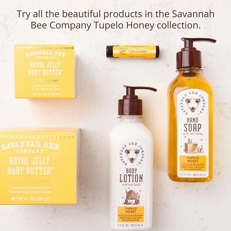 Savannah Bee Tupelo lip balm close-up showing natural beeswax and oils.