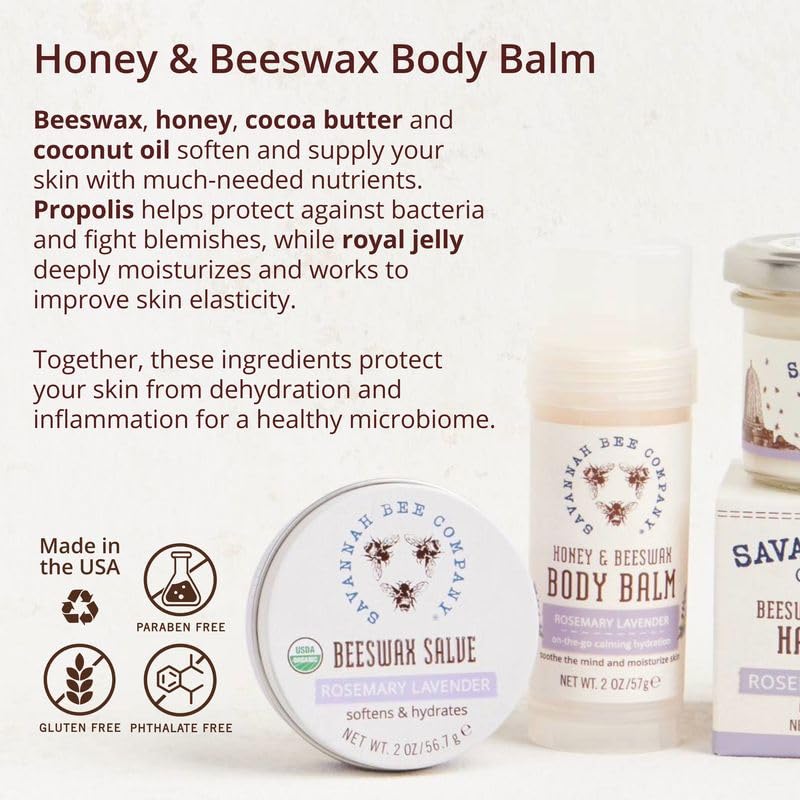 Savannah Bee Company Rosemary Lavender Body Balm label and packaging.