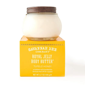 Savannah Bee Royal Jelly Body Butter jar close-up shows hydrating texture.