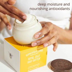 Olive oil and babassu oil support skin moisture in Royal Jelly Body Butter.