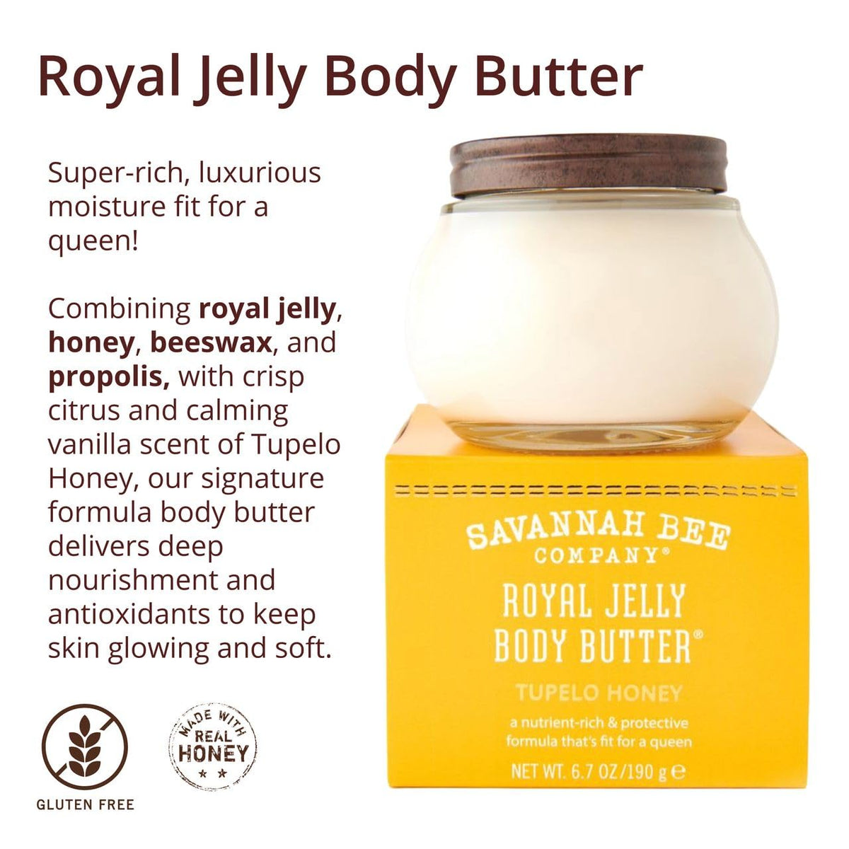 Shea and cocoa butter provide deep hydration in Savannah Bee butter.