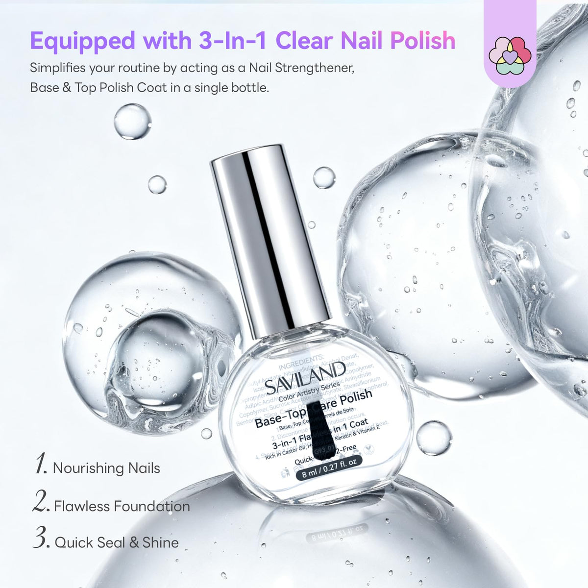 SAVILAND 3-in-1 base/top coat delivers smooth adhesion and protection