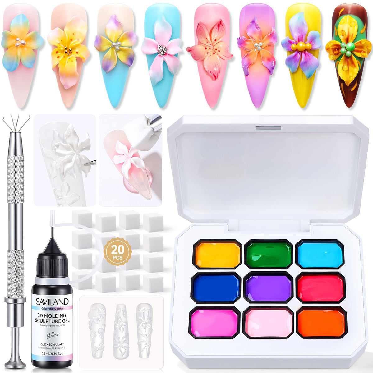 SAVILAND 3D Patting Gel Kit front view for quick at-home nail art.