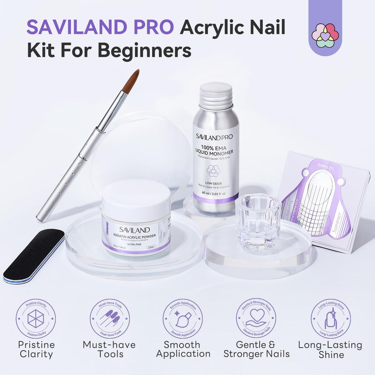SAVILAND EMA monomer bottle beside brush for smooth, strong nail applications.
