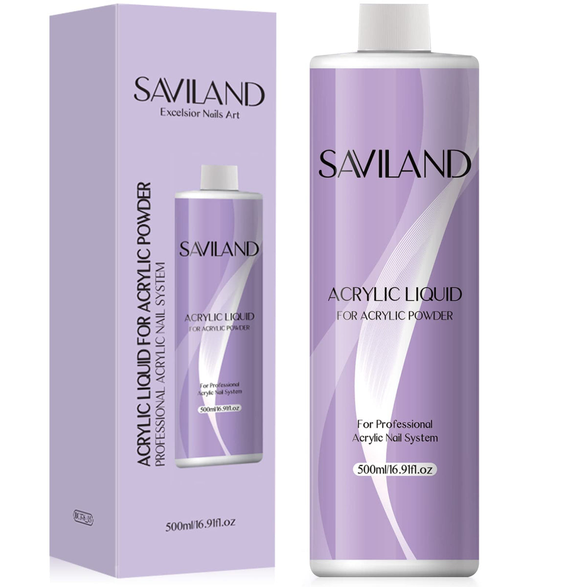 Saviland Acrylic Liquid bottle front shows 500 ml for nail extensions.
