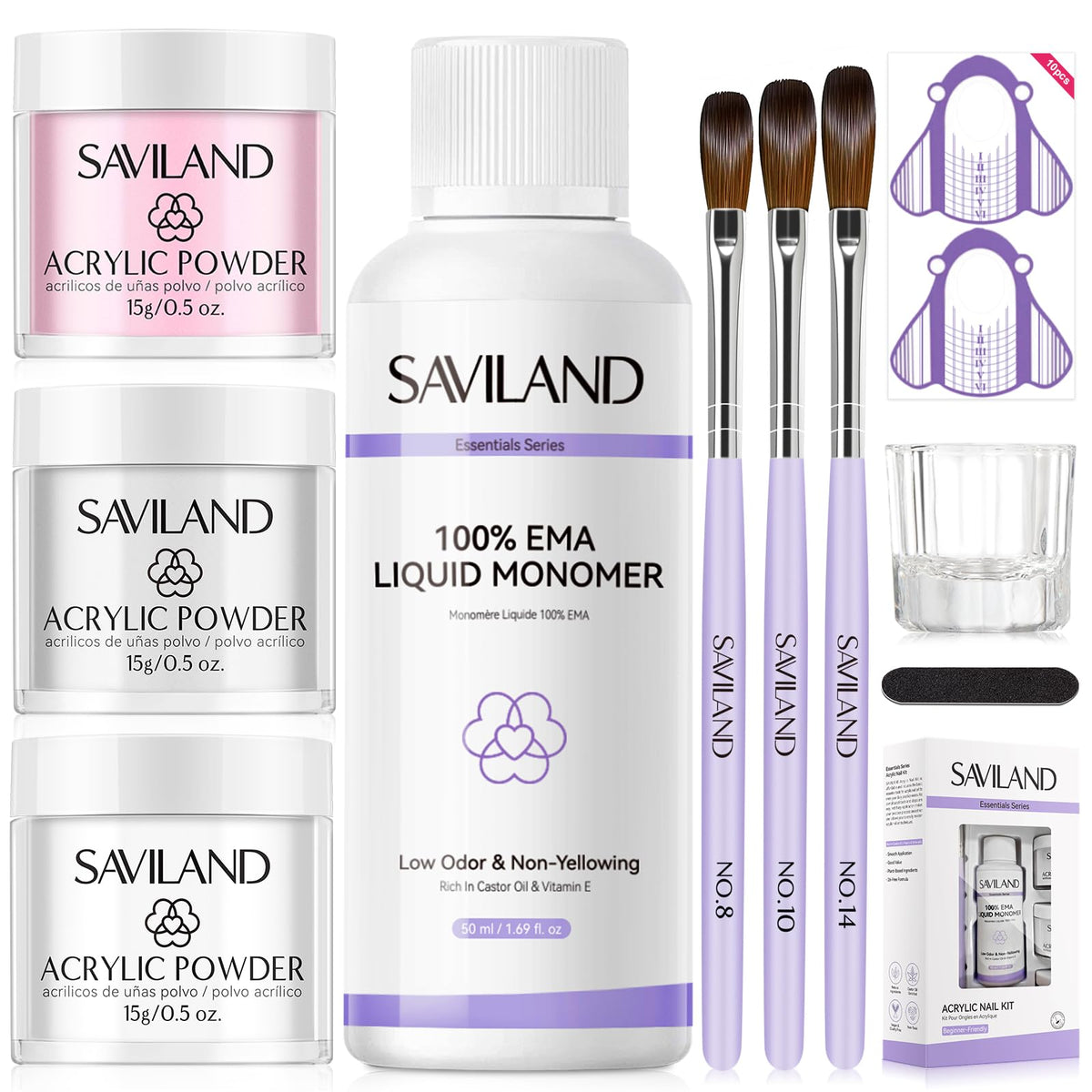 SAVILAND acrylic nail kit contents for beginner practice and home manicures.