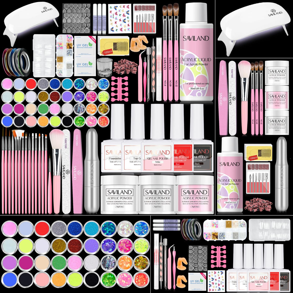 SAVILAND acrylic nail kit open box showing full home manicure setup for inspiration