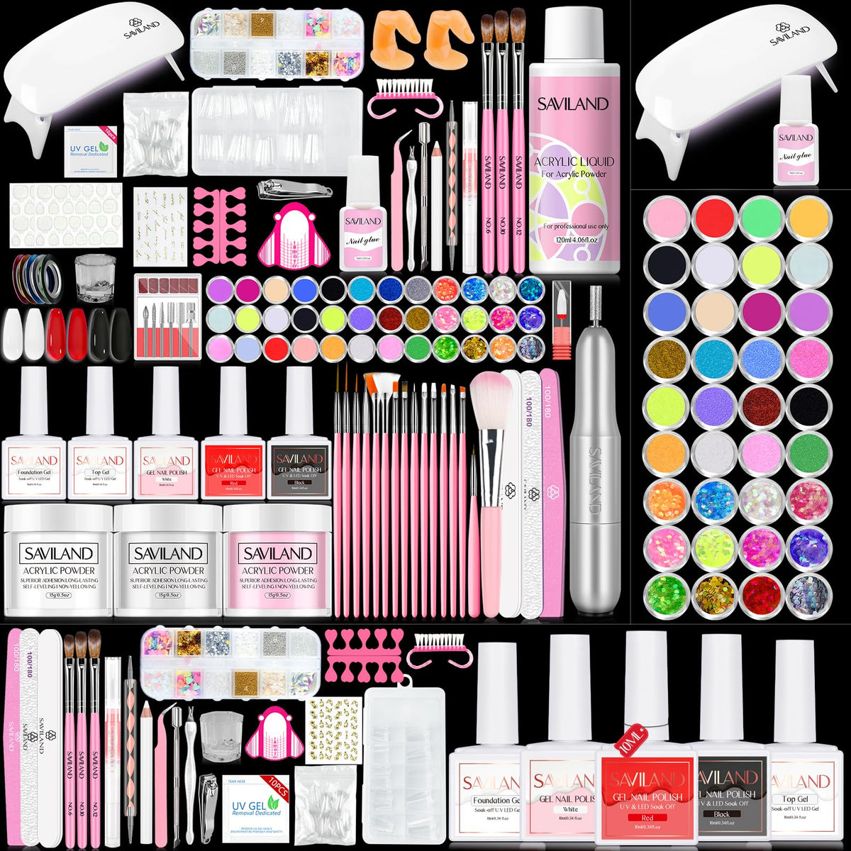 SAVILAND acrylic nail kit with UV light for at-home nail art practice and durability.