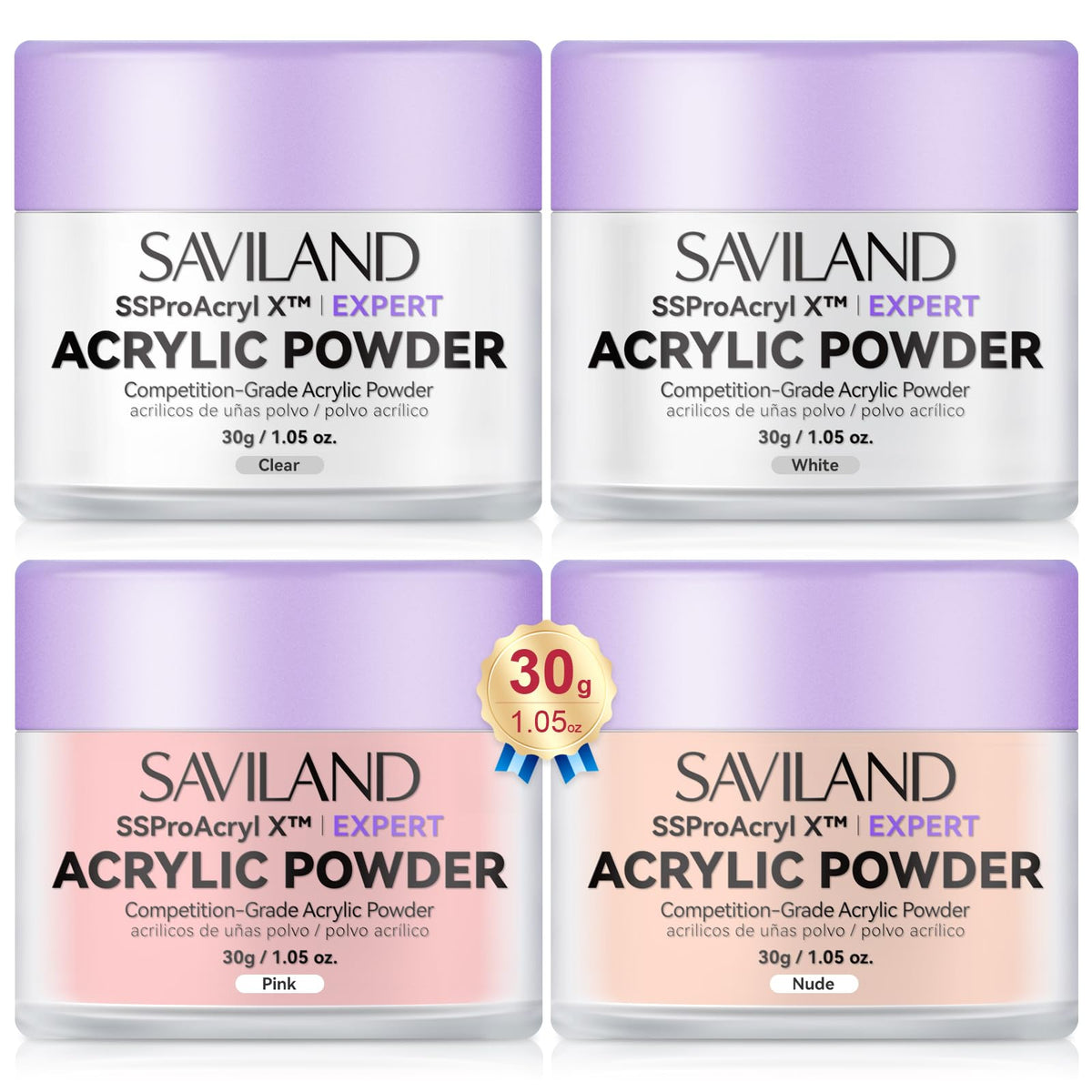 SAVILAND clear acrylic powder for smooth nail extensions and overlays.
