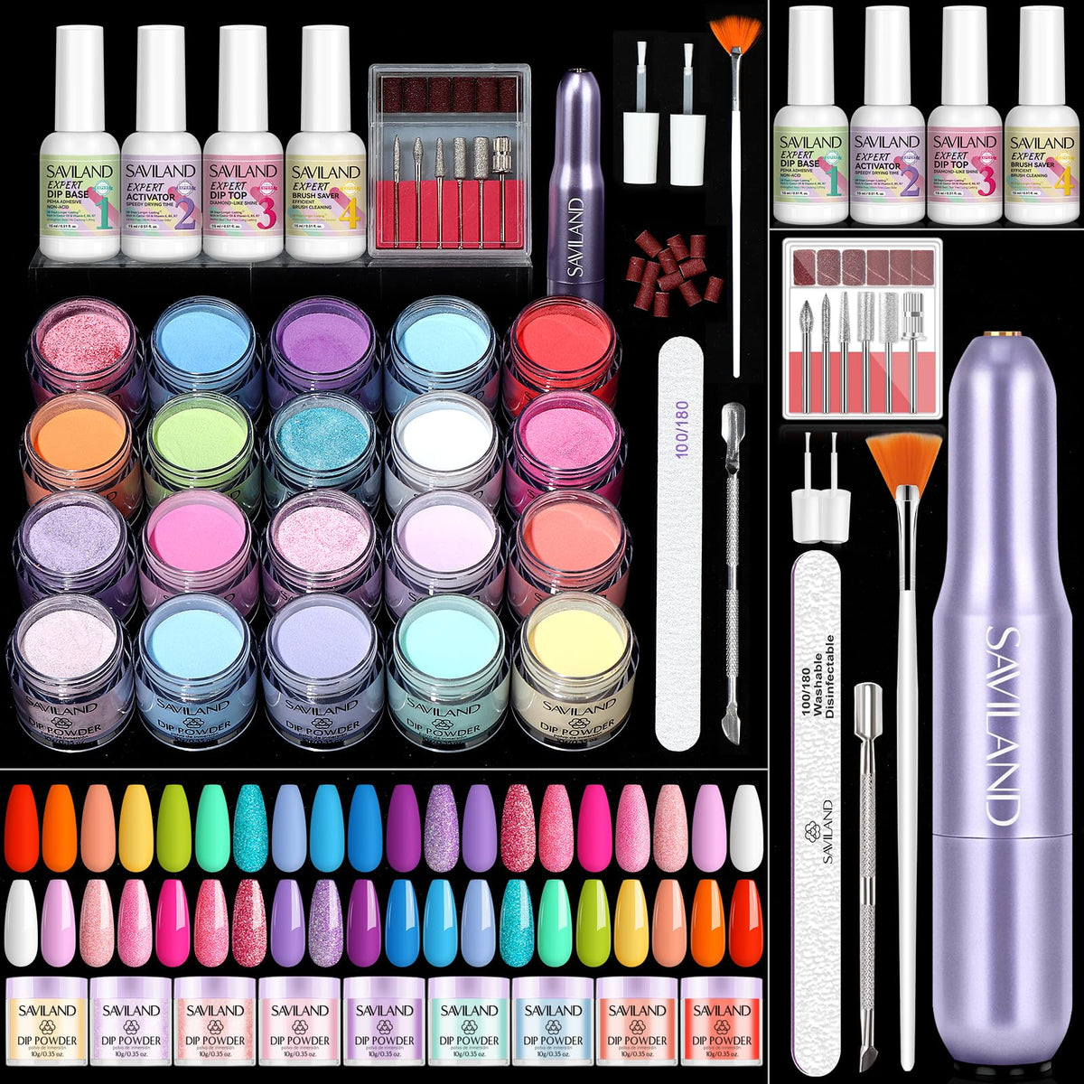 SAVILAND dip powder kit with 20 colors: bold at-home nail art with rich color payoff.