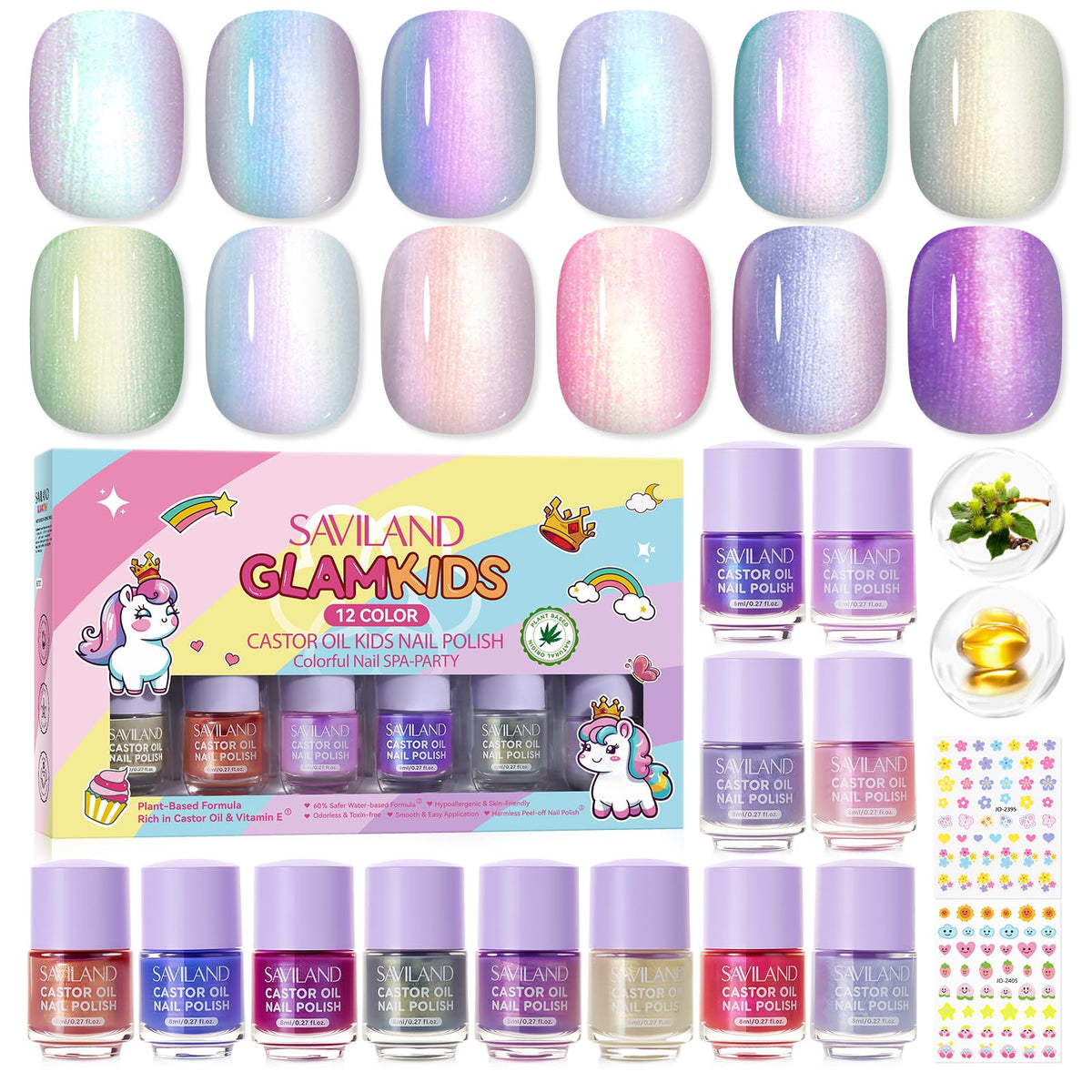 SAVILAND Glamkids 12 shades swatches show kid-friendly iridescent colors for fun manicures