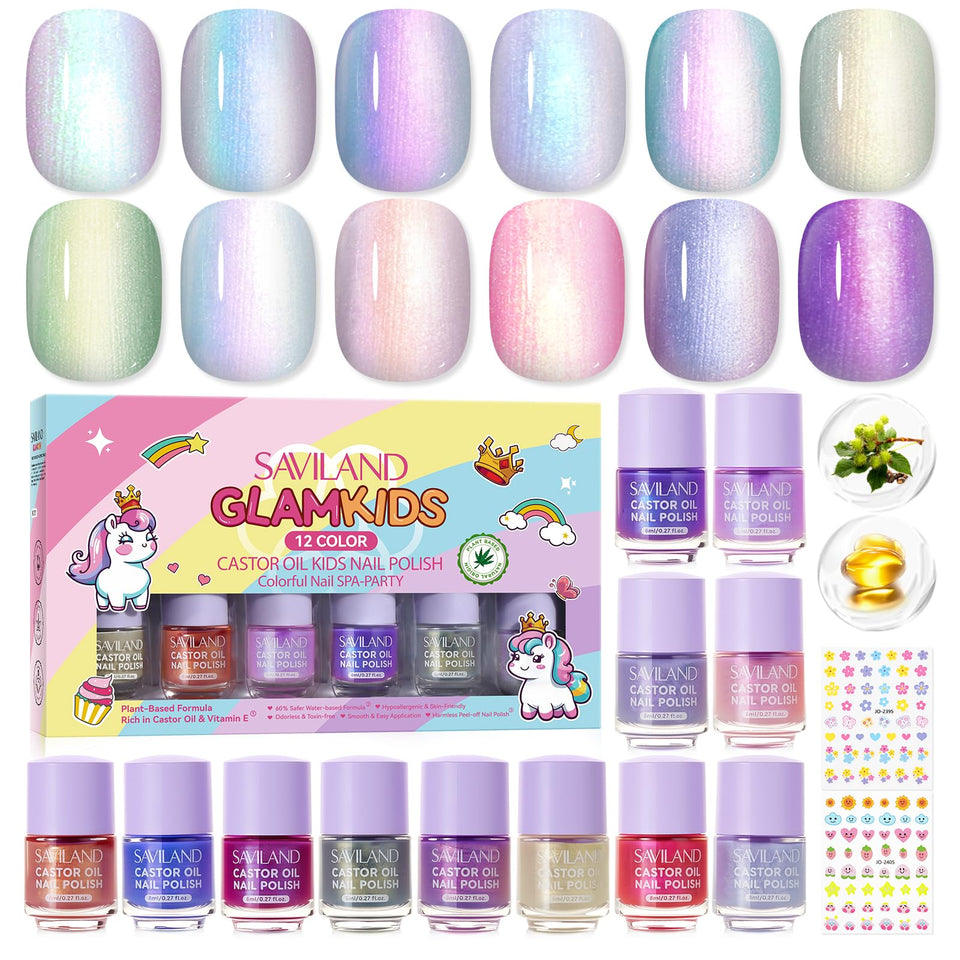SAVILAND Glamkids 12 shades swatches show kid-friendly iridescent colors for fun manicures