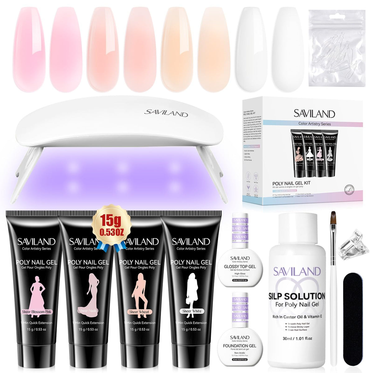 Saviland Hema-Free poly gel color bottles for at-home nail art.