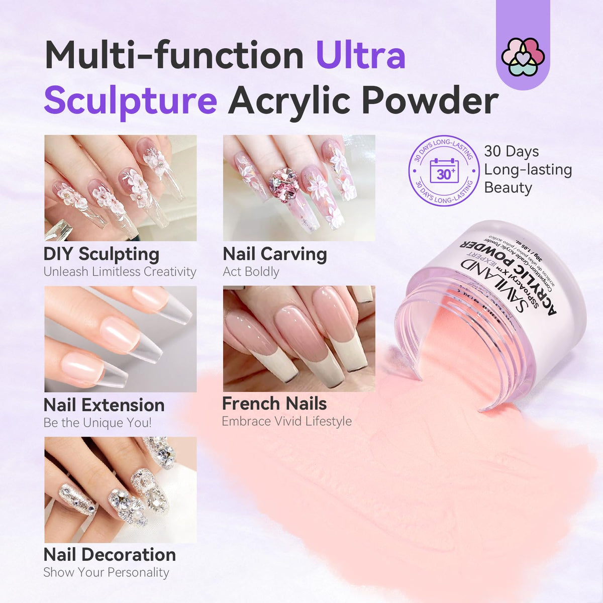 SAVILAND keratin-infused acrylic powder supports nail care during extensions.