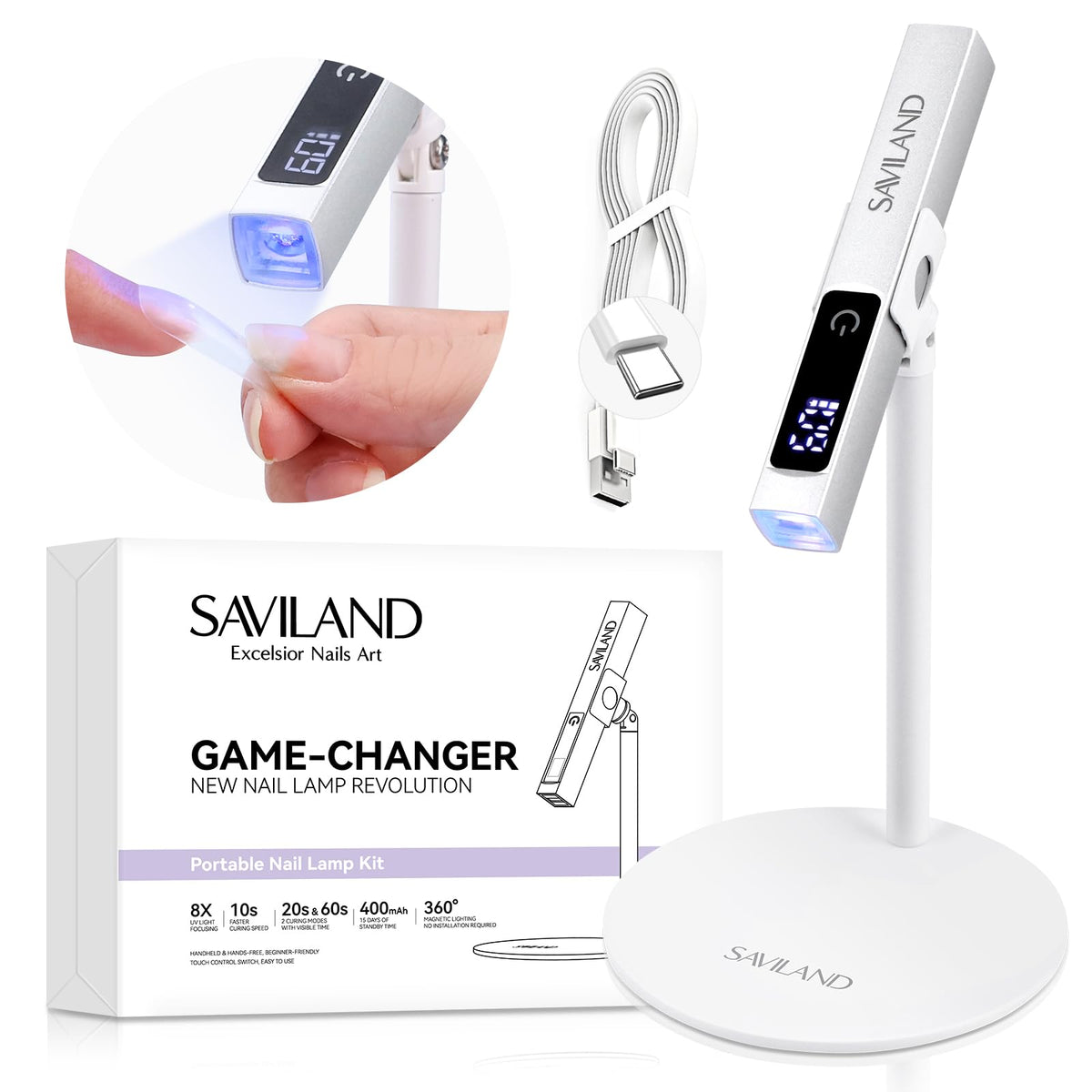 SAVILAND LED U V light on magnetic stand for hands-free curing.
