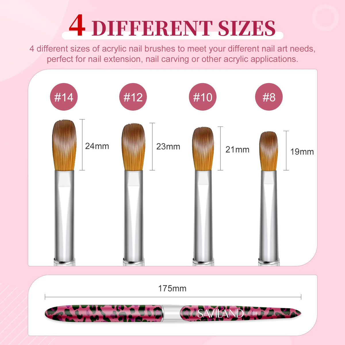 SAVILAND leopard pink brush size 14 for nail extensions and shaping