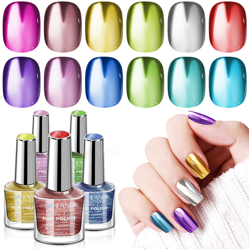 SAVILAND Mirror Quick Dry Nail Polish Set chrome color swatches with holographic shine for vibrant nails.