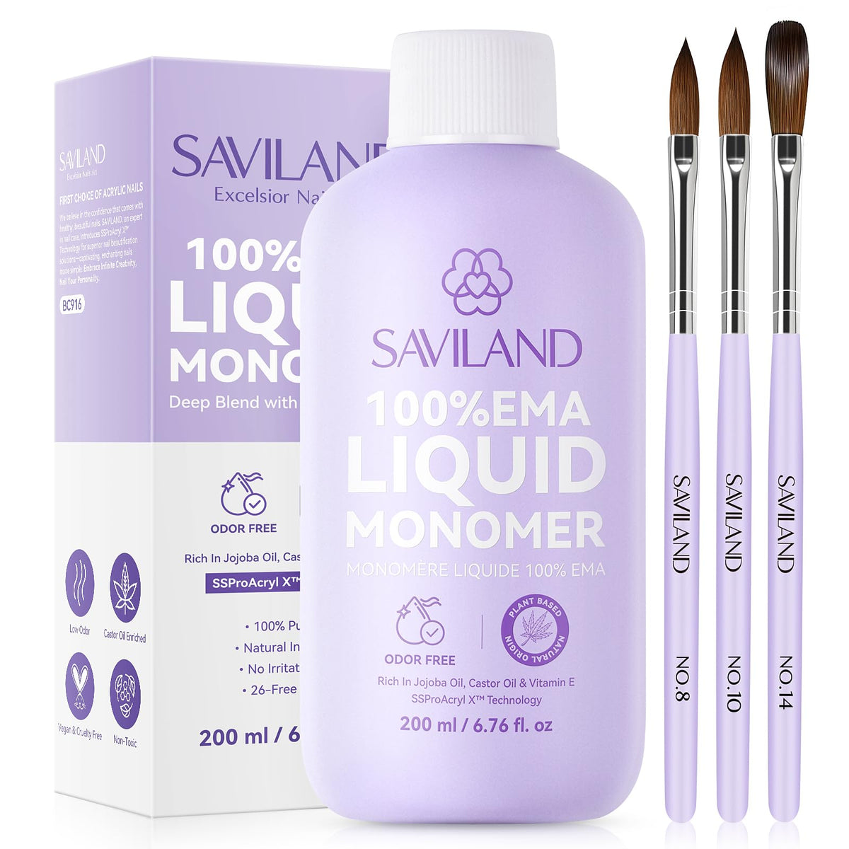 SAVILAND monomer liquid 6.76 oz bottle close-up, ideal for long-lasting acrylic nails.