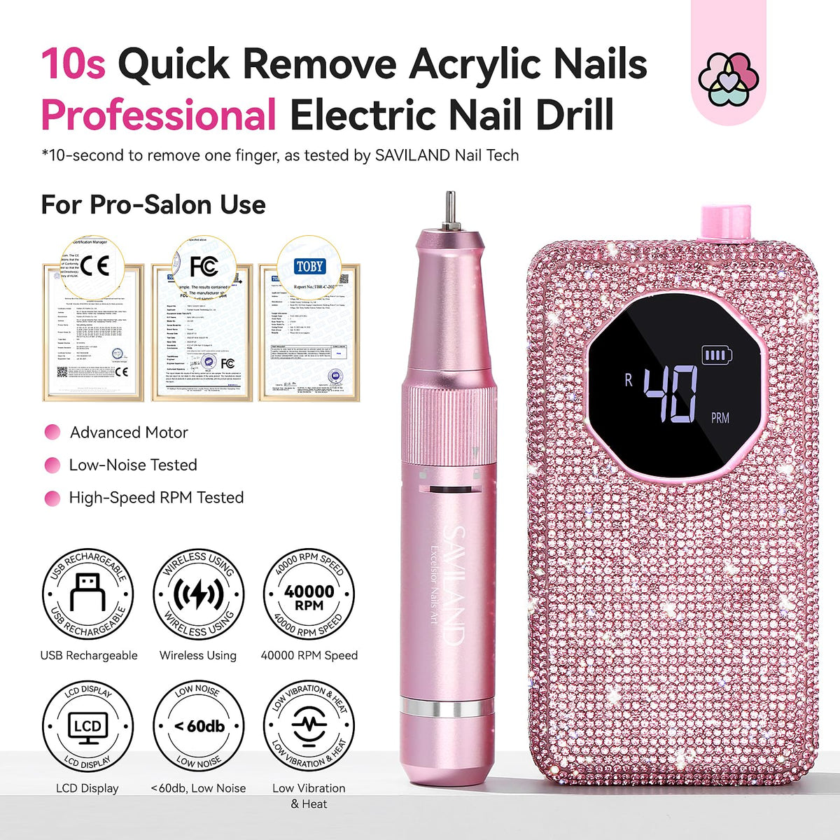 SAVILAND nail drill with ergonomic grip for comfortable extended sessions.