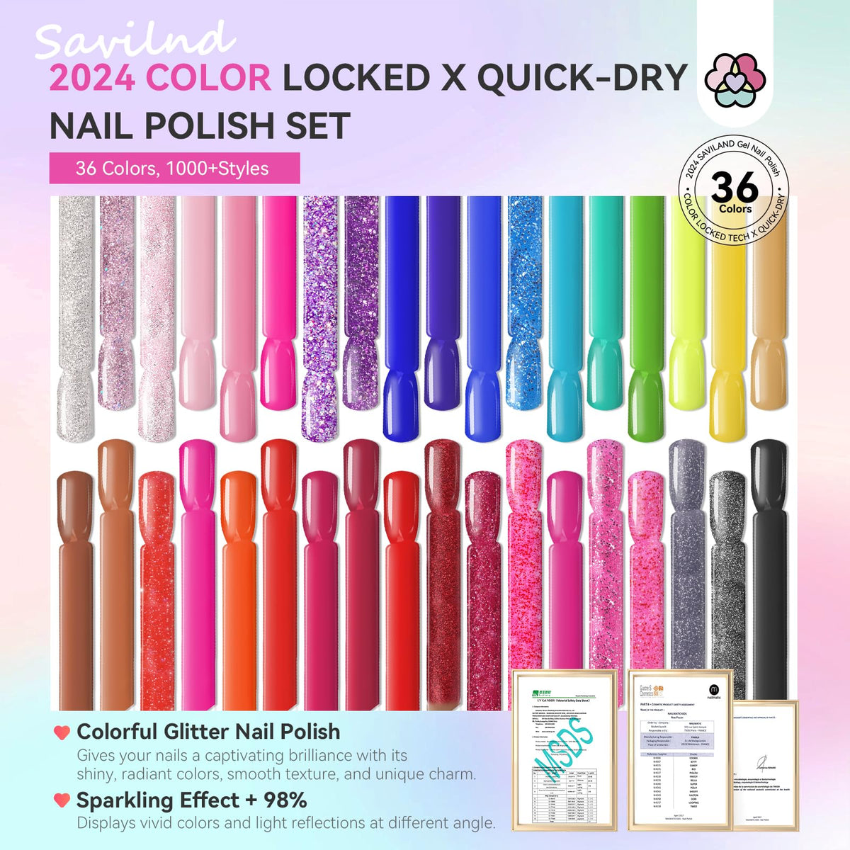 SAVILAND nail polish set bottle closeup shows rich color collection