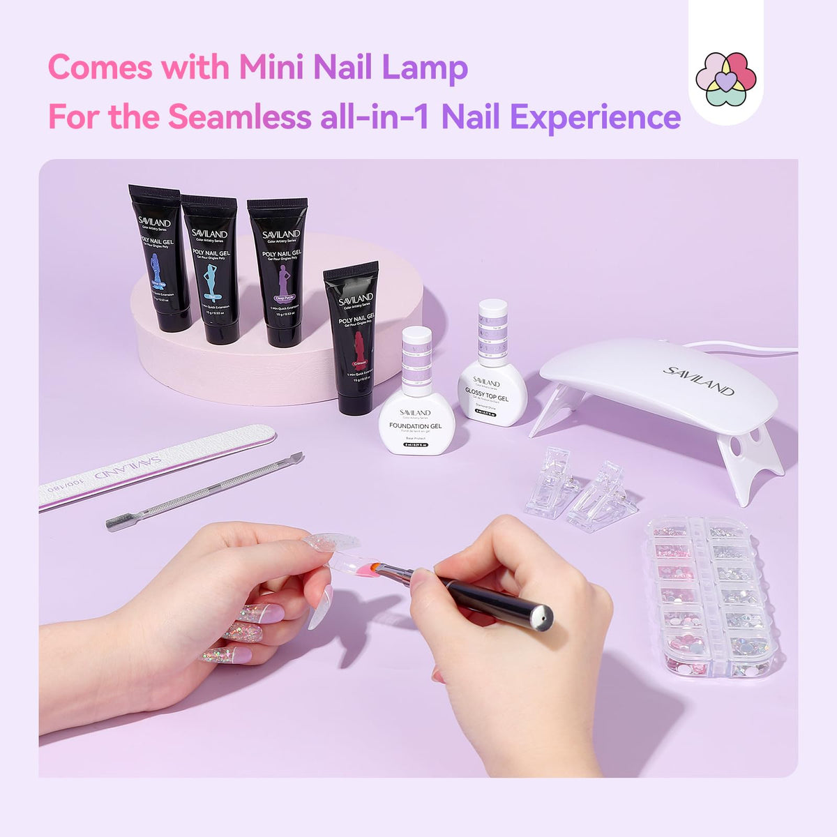 SAVILAND nails in progress showing quick poly gel application.