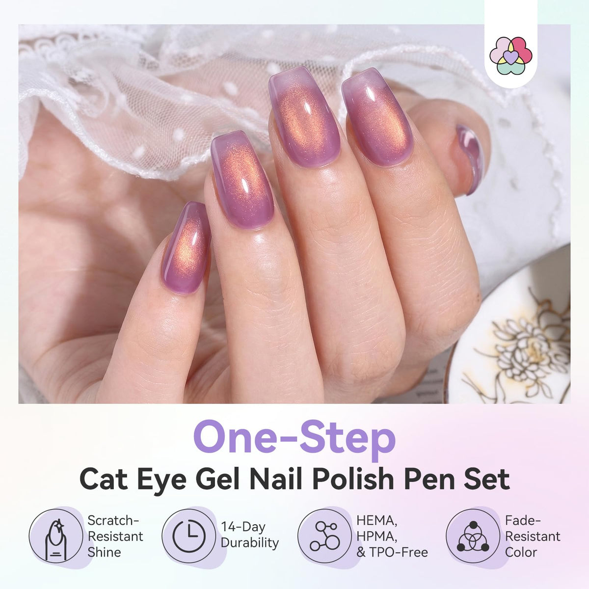 SAVILAND cat-eye pen in green adds light-shifted shimmer for vibrant nails.