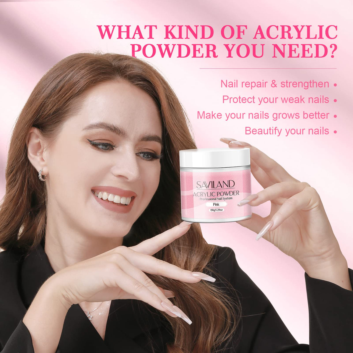 SAVILAND pink acrylic powder application setup for easy DIY nails