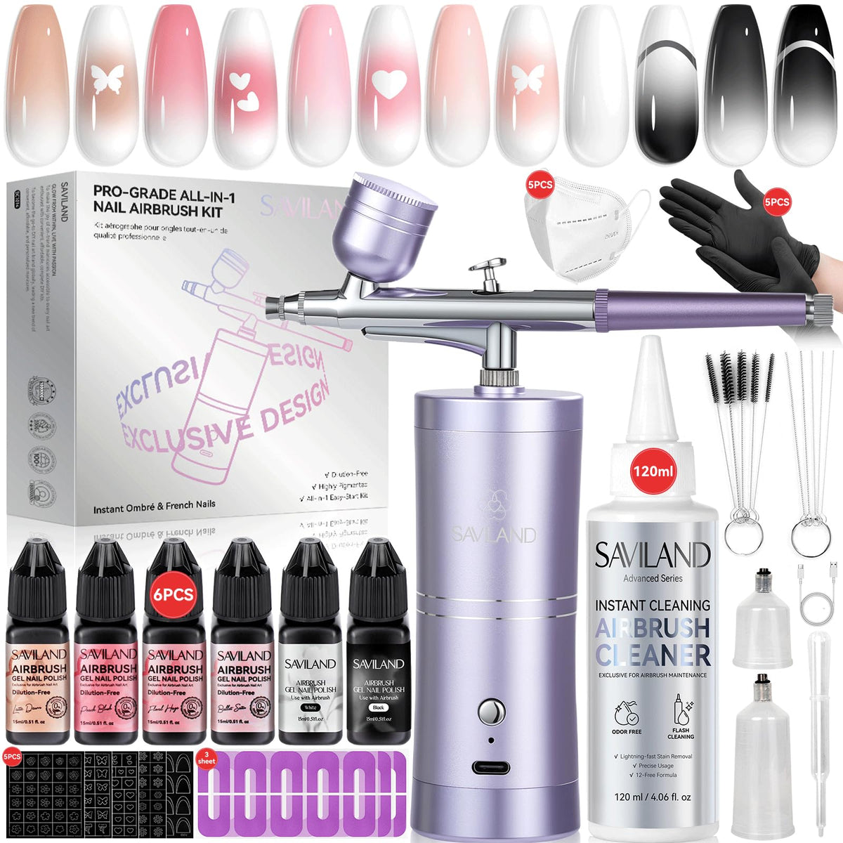 SAVILAND Pro Airbrush Set front view for fast, salon-like nail art at home.