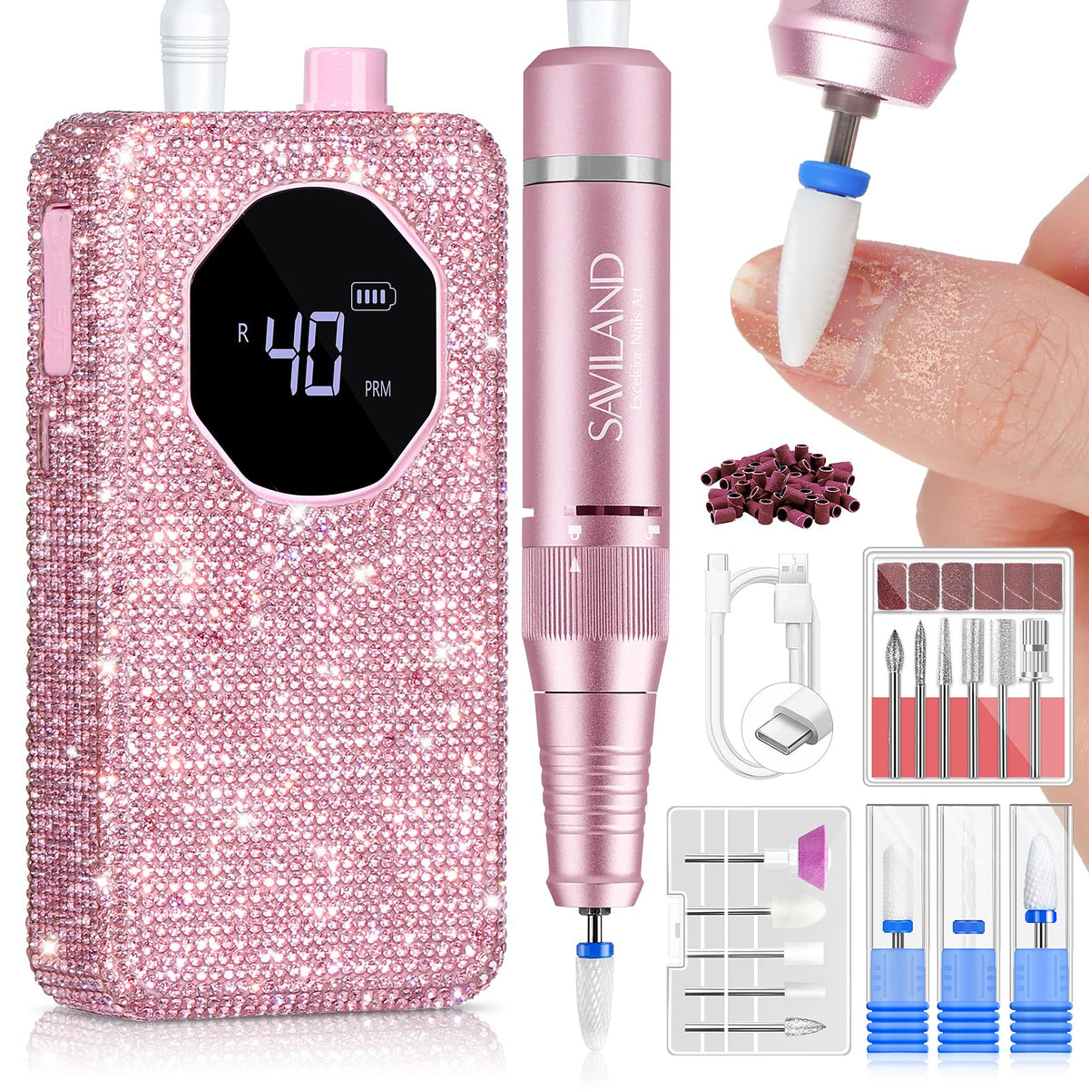 SAVILAND professional nail drill 40000rpm in side view for fast gel removal.