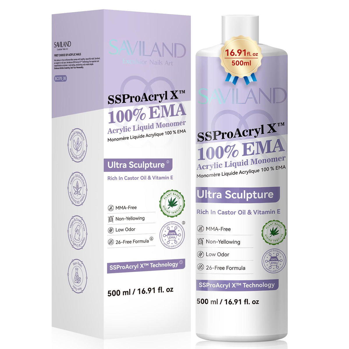 SAVILAND SSPro X Pure EMA monomer bottle for smooth acrylic nail adhesion.