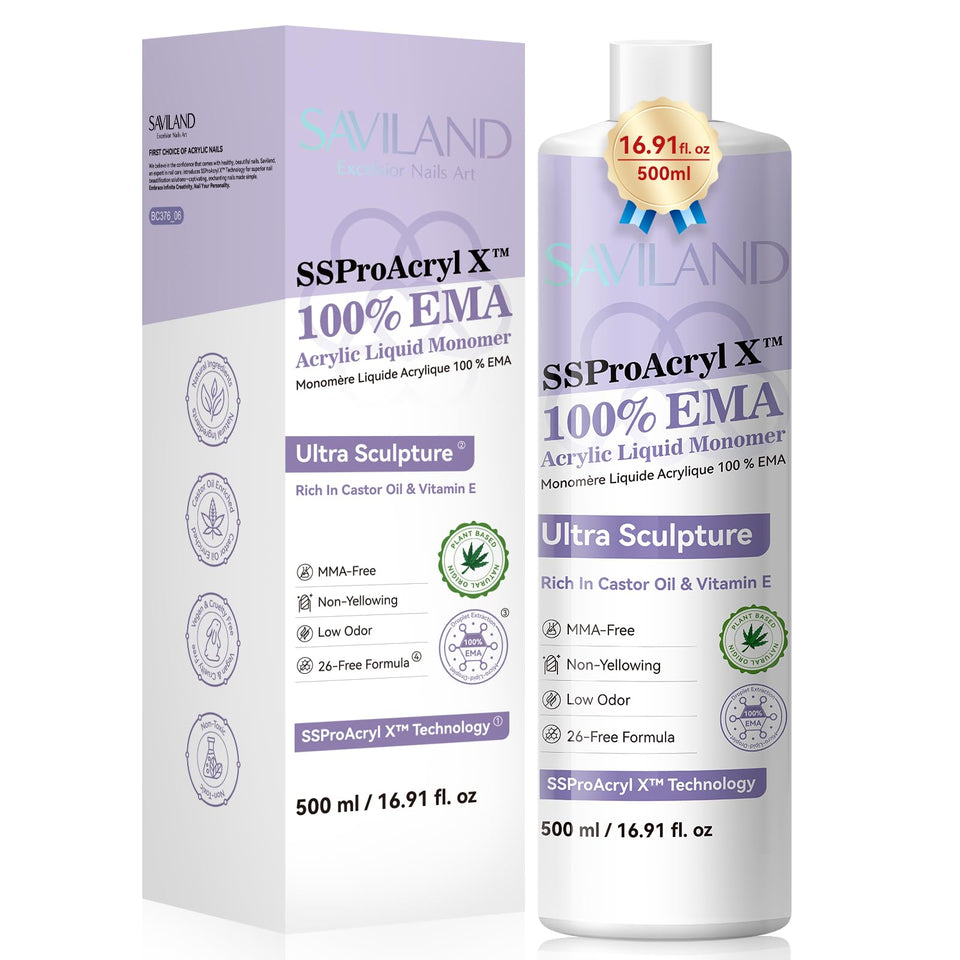 SAVILAND SSPro X Pure EMA monomer bottle for smooth acrylic nail adhesion.