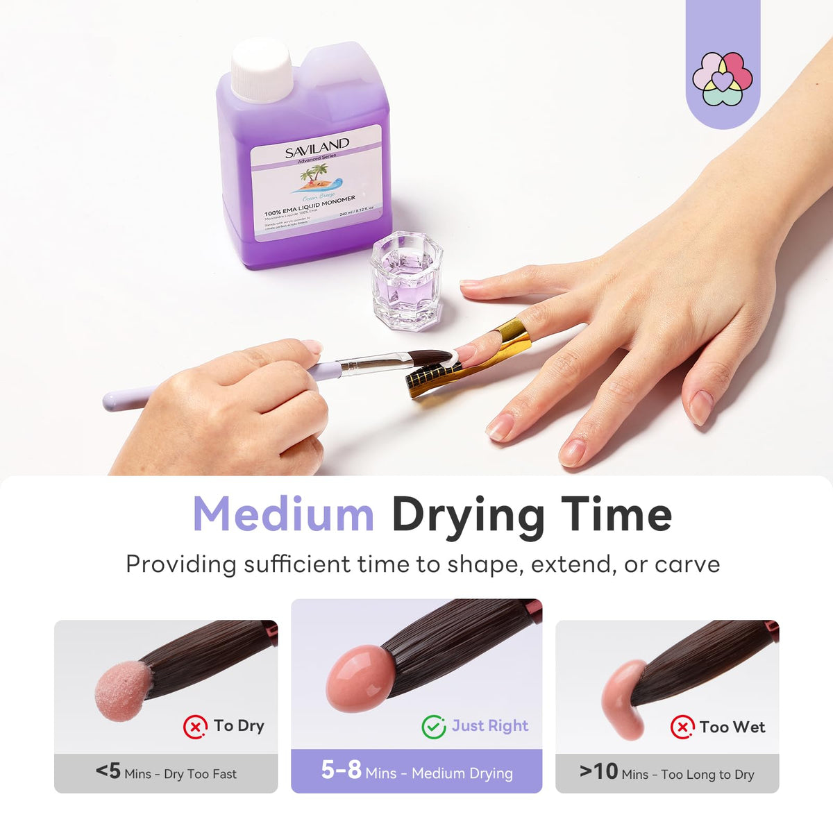SAVILAND liquid compatible with most acrylic powders for smooth results.
