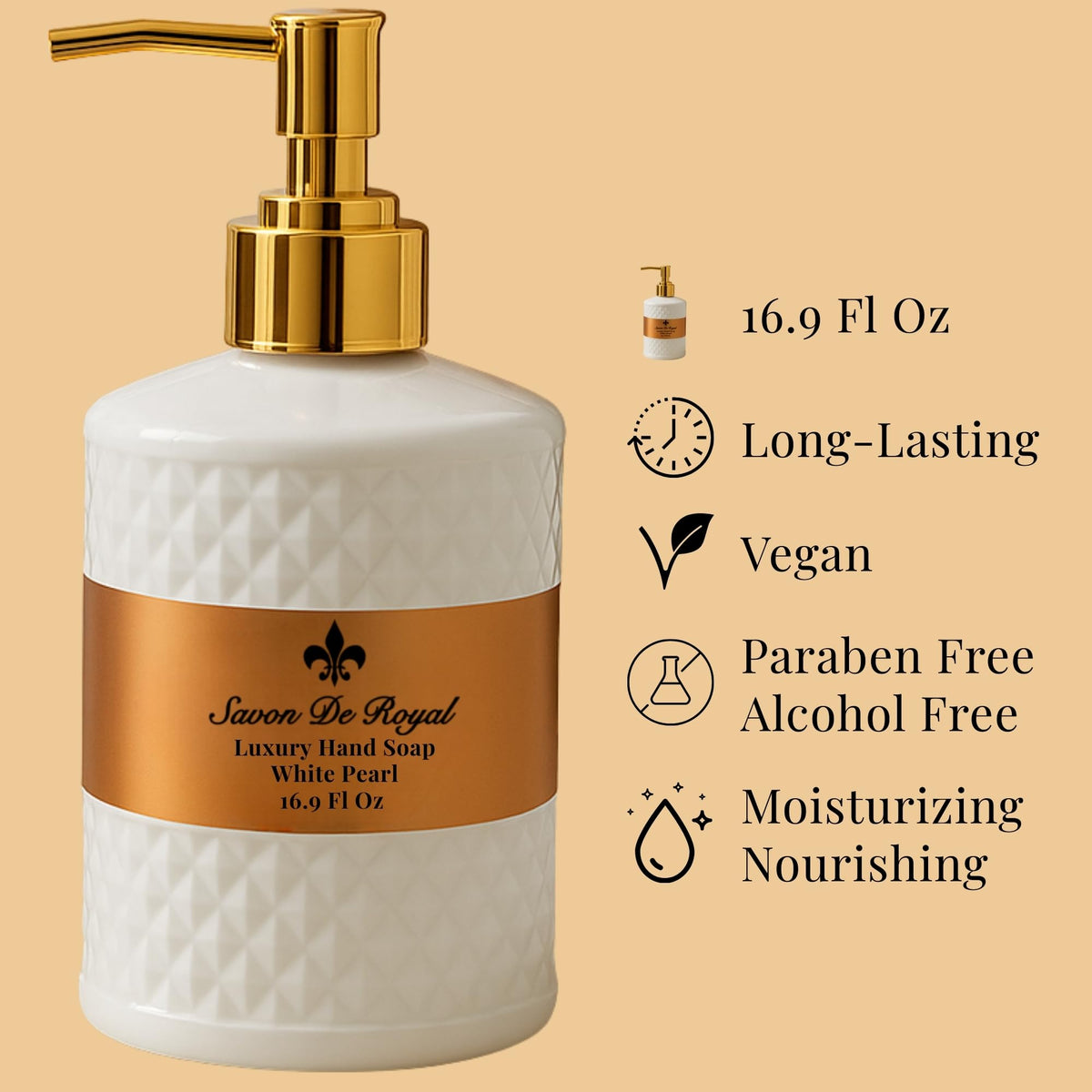 Savon De Royal elegant white pearl packaging suits sinks.